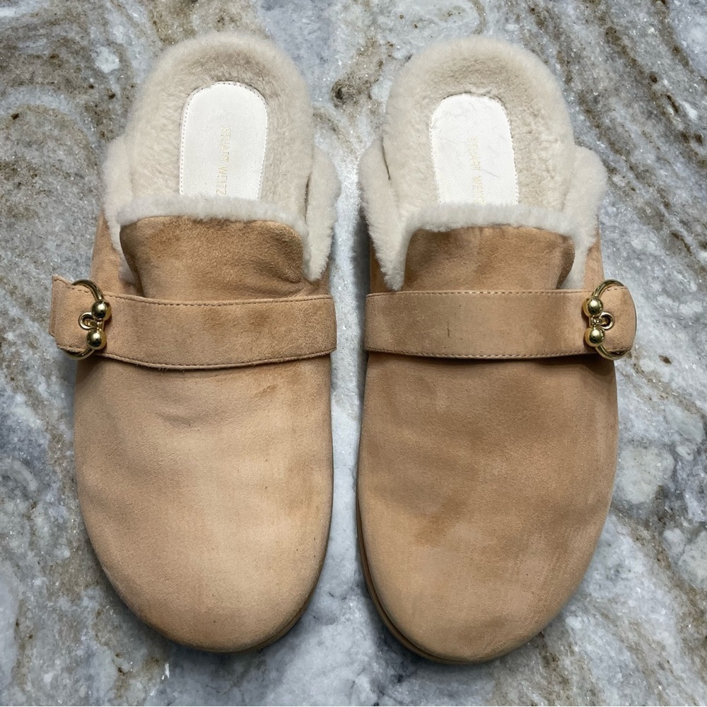 Stuart Weitzman Cozy Luxering Suede & Shearling Clog Slippers